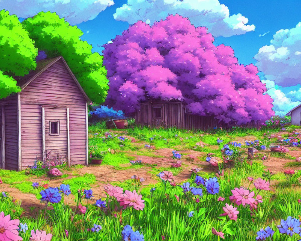 Colorful illustration of rustic shed, green trees, pink blossoms, and vibrant flowers under blue sky