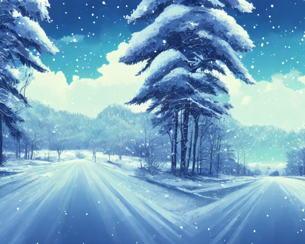 Snow-covered landscape with tall pine trees and falling snowflakes