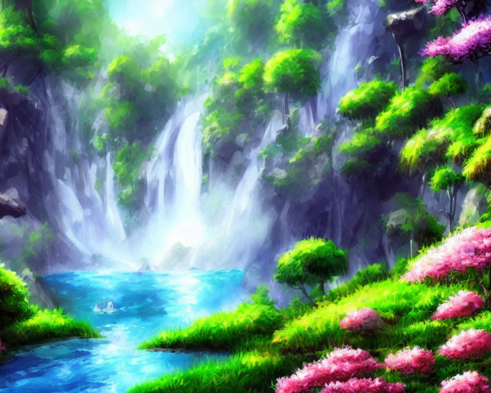 Colorful animated landscape with waterfall, pink trees, greenery, and blue river