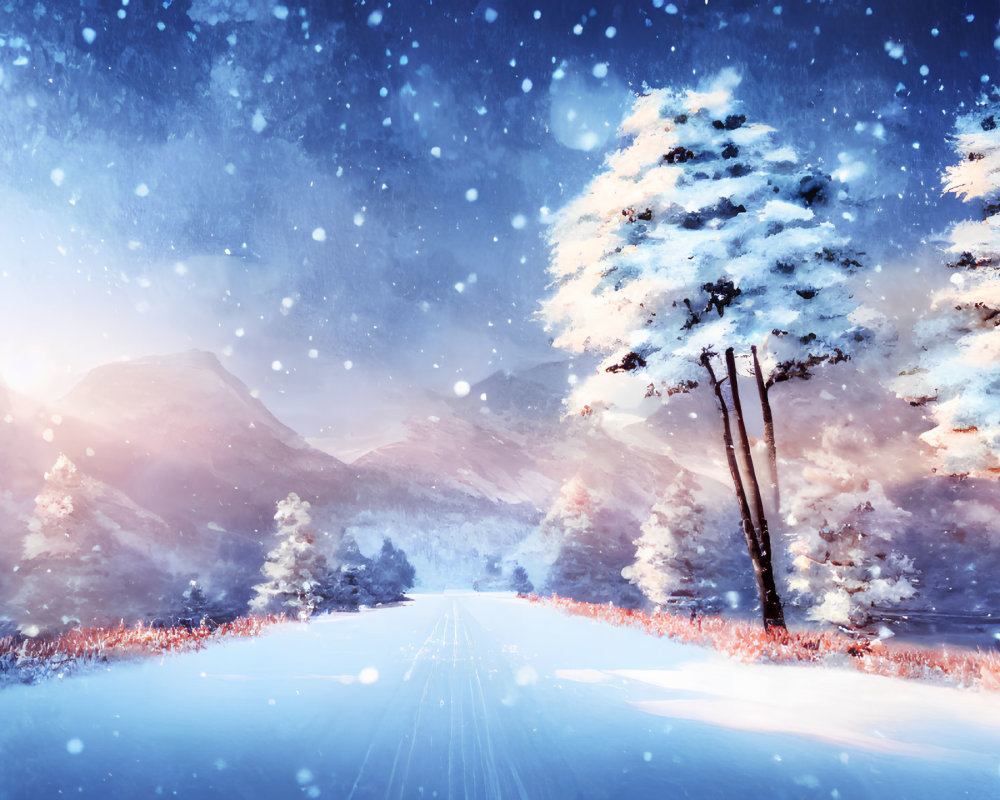 Snowy Landscape with Snow-Covered Trees and Road Towards Distant Mountains