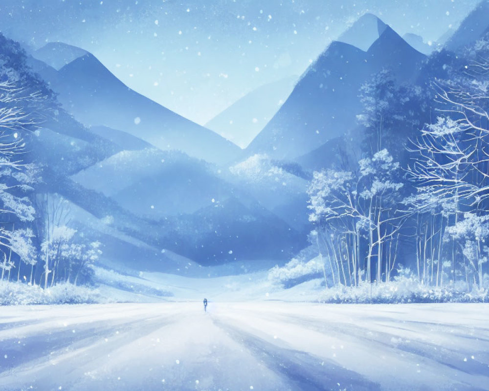 Solitary figure on snowy road in serene wintry landscape