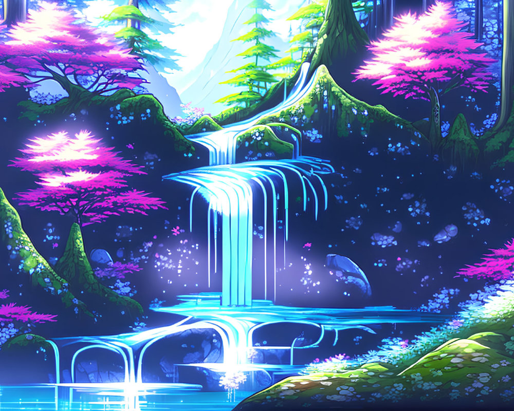 Vibrant pink trees in digital artwork of magical waterfall