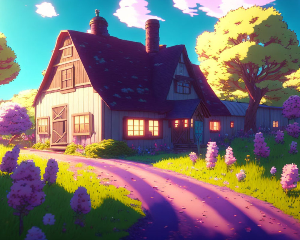 Charming two-story cottage surrounded by purple flora at sunset