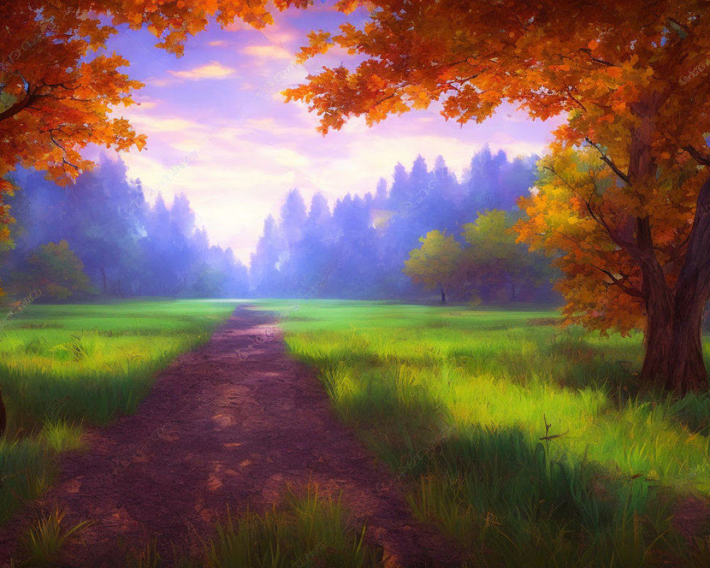 Tranquil Path Through Verdant Meadow and Autumn Trees