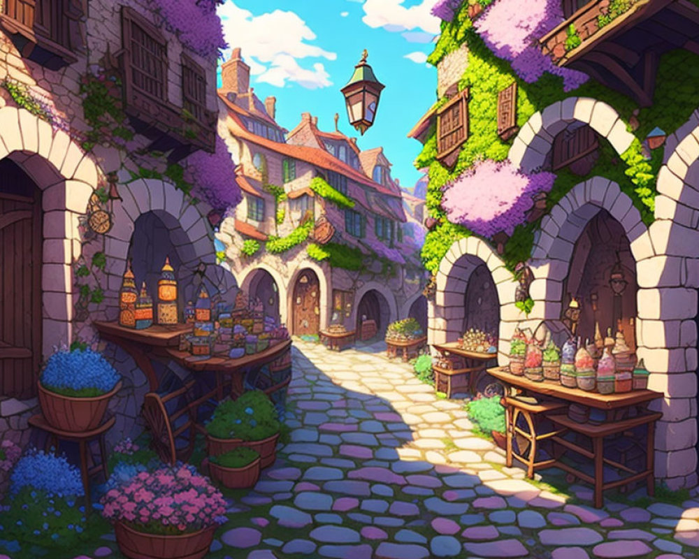 Charming village scene with cobblestone street, archways, purple flowers, and medieval architecture