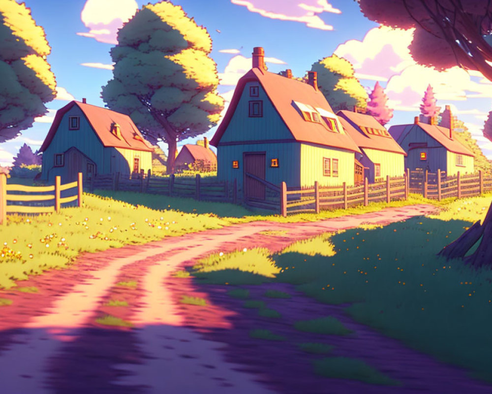 Tranquil countryside scene with quaint houses, meandering path, wooden fences, and lush trees at