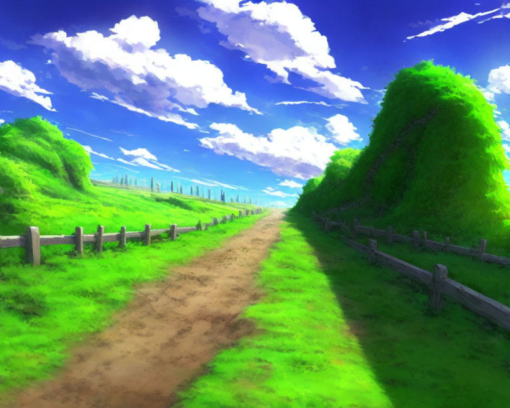 Rural landscape with dirt path, green hills, and wooden fence under blue sky