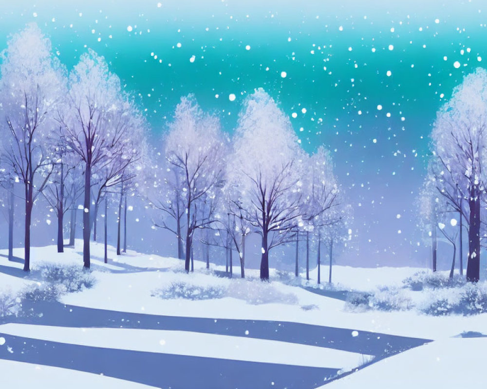 Snow-covered trees and path in serene winter landscape under teal sky