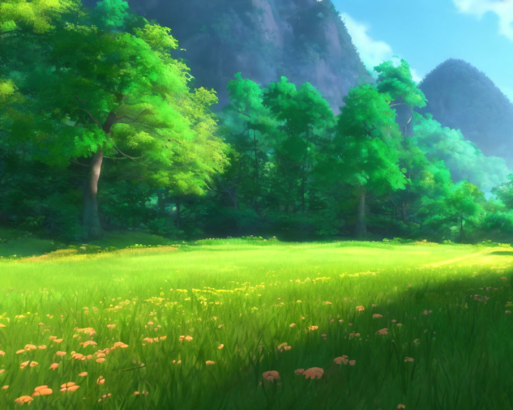 Vibrant Green Meadow with Wildflowers, Trees, and Mountains