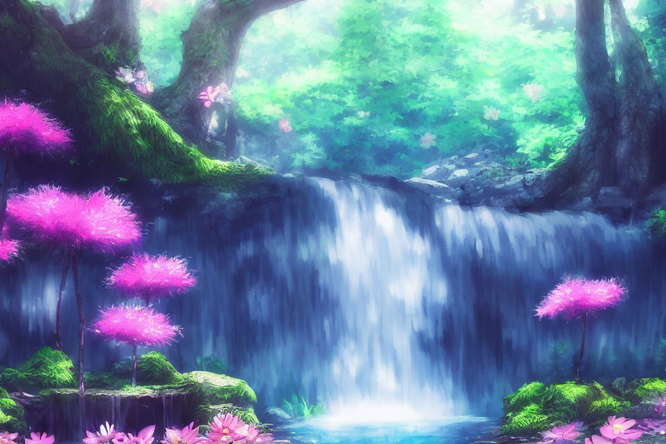 Tranquil forest waterfall with pink blossoms