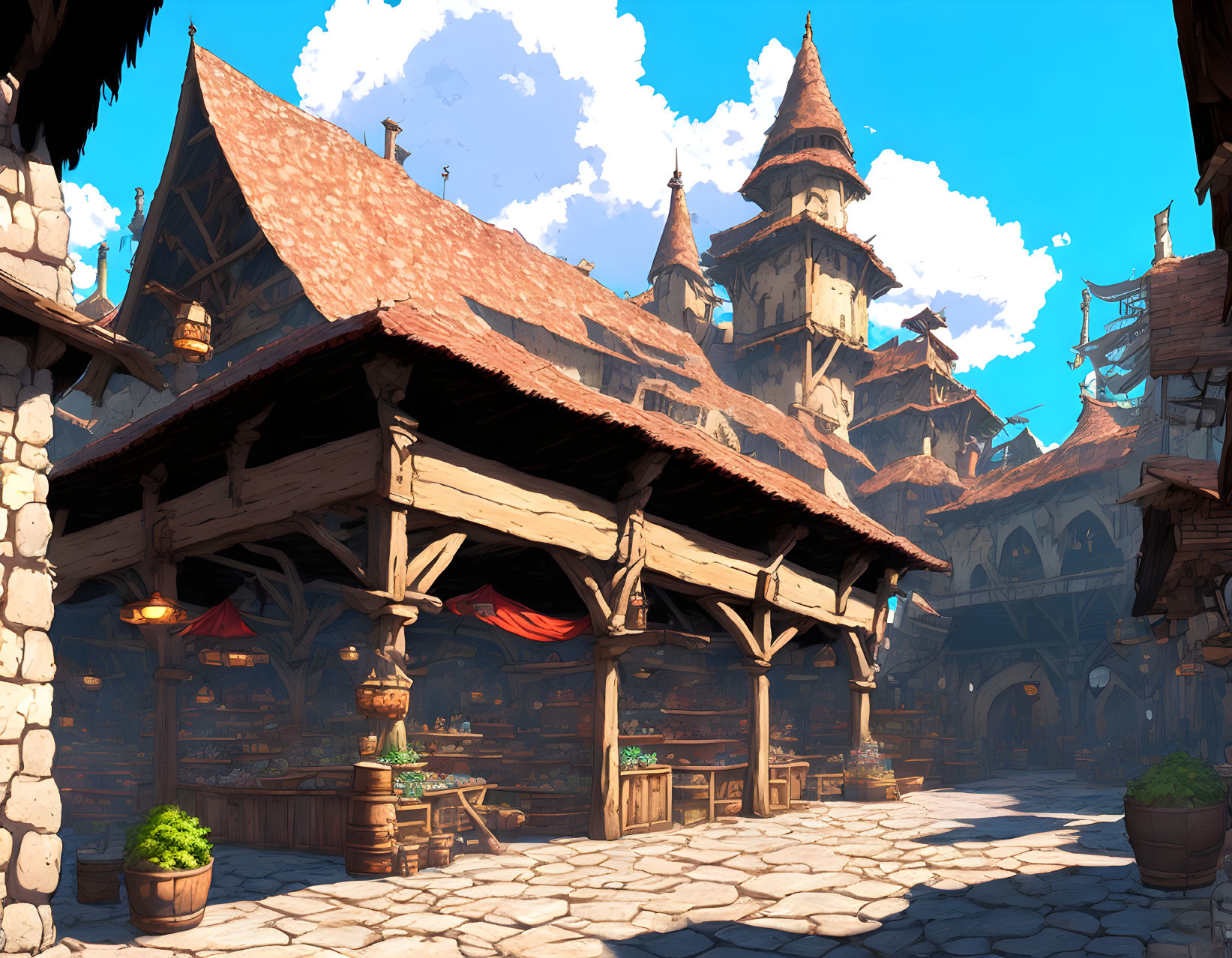 Digital artwork of medieval village square with wooden structures, cobblestone path, and soaring tower under clear