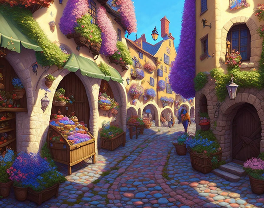 Vibrant flowers and medieval buildings on cobblestone street