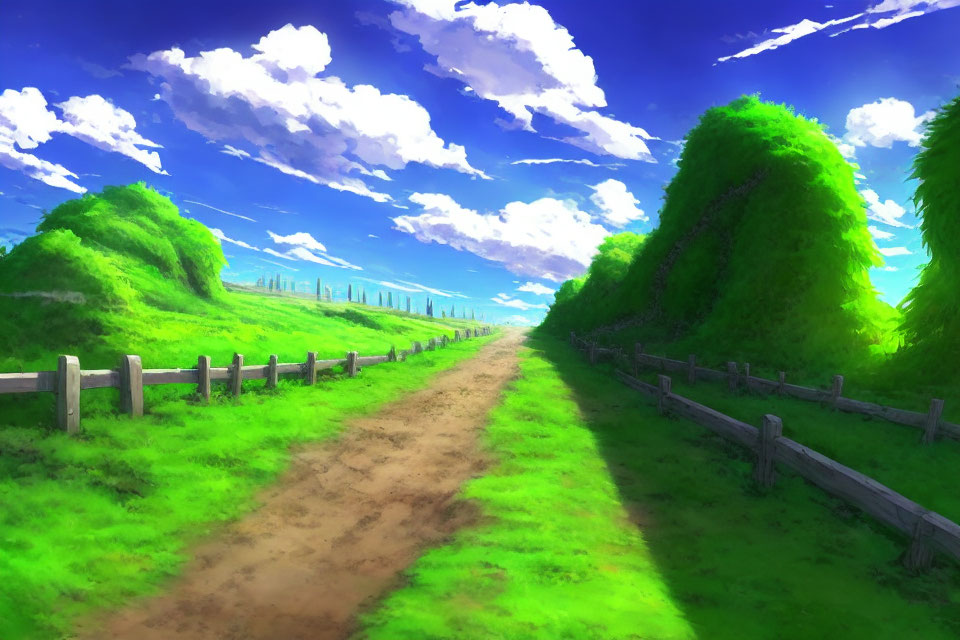 Rural landscape with dirt path, green hills, and wooden fence under blue sky