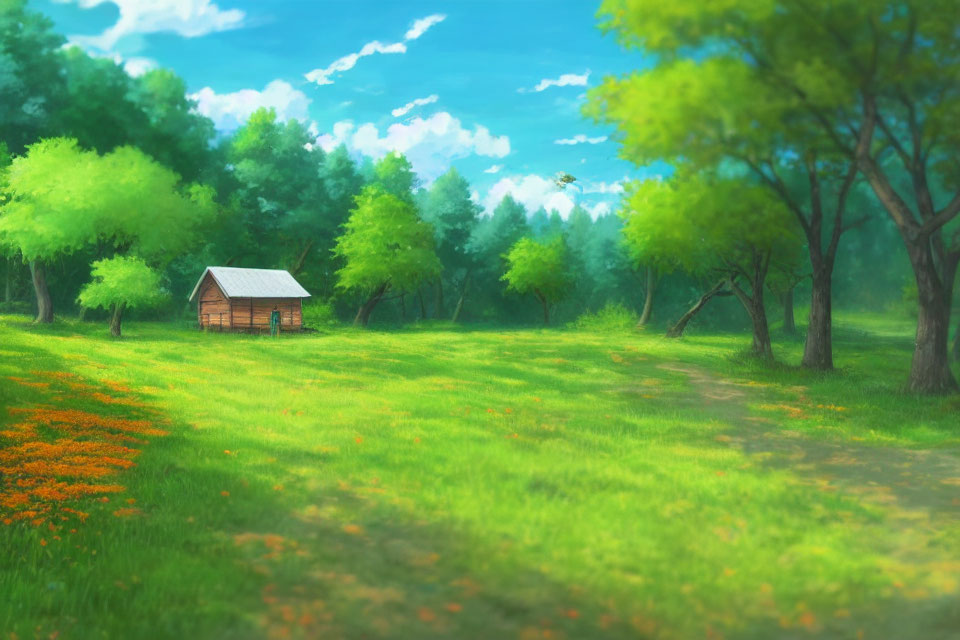 Tranquil landscape with wooden cabin, lush trees, and bird