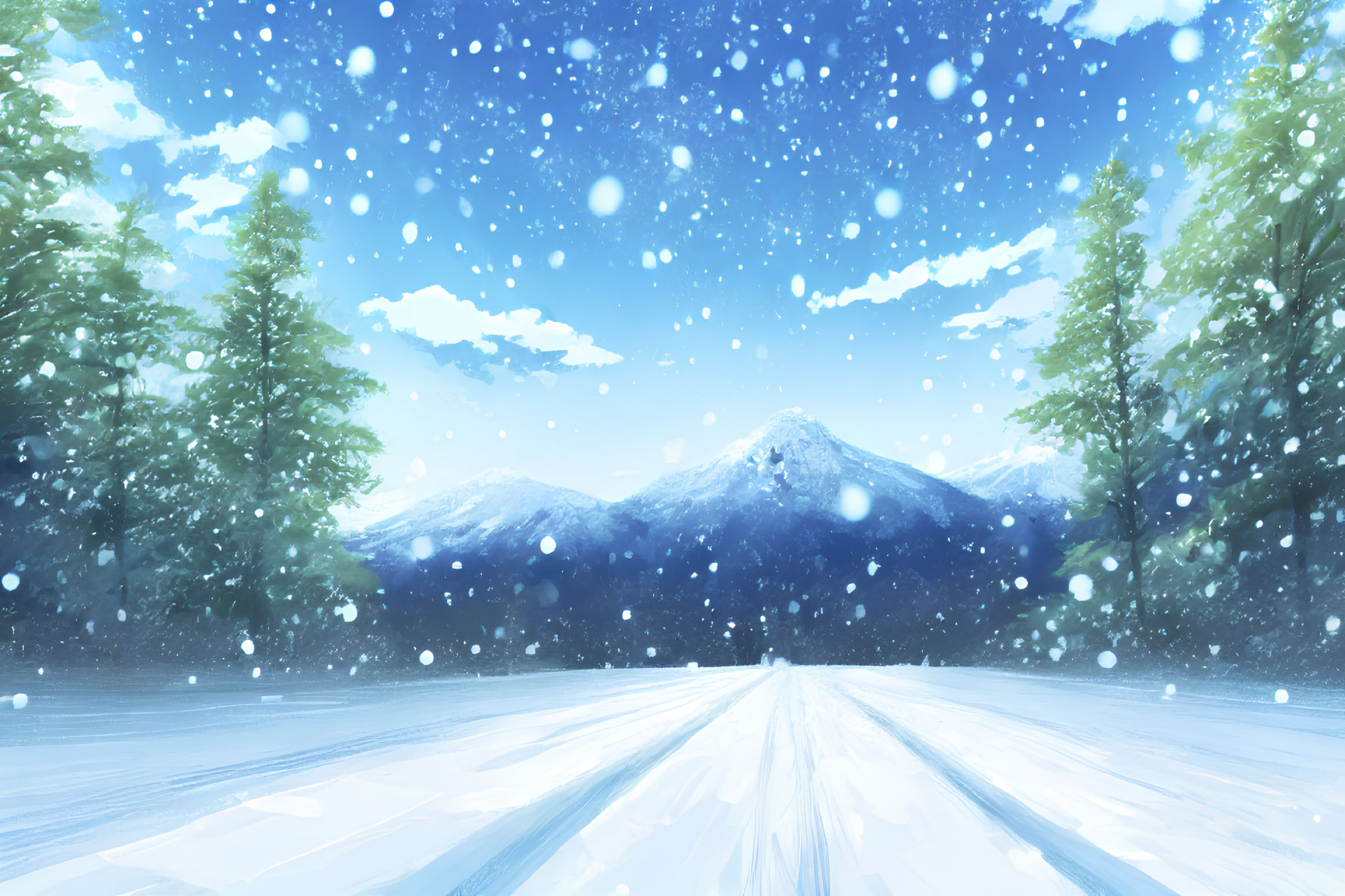 Snowy winter landscape with mountains, evergreen trees, and falling snow.