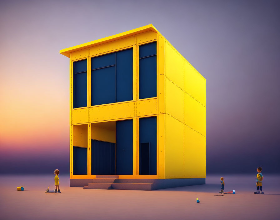 Minimalist Yellow Building Illustration with Geometric Shapes and Figures under Dusk Sky