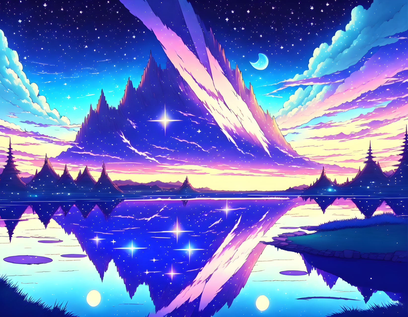 Surreal landscape with mountain range, starry sky, crescent moon, and lake reflection