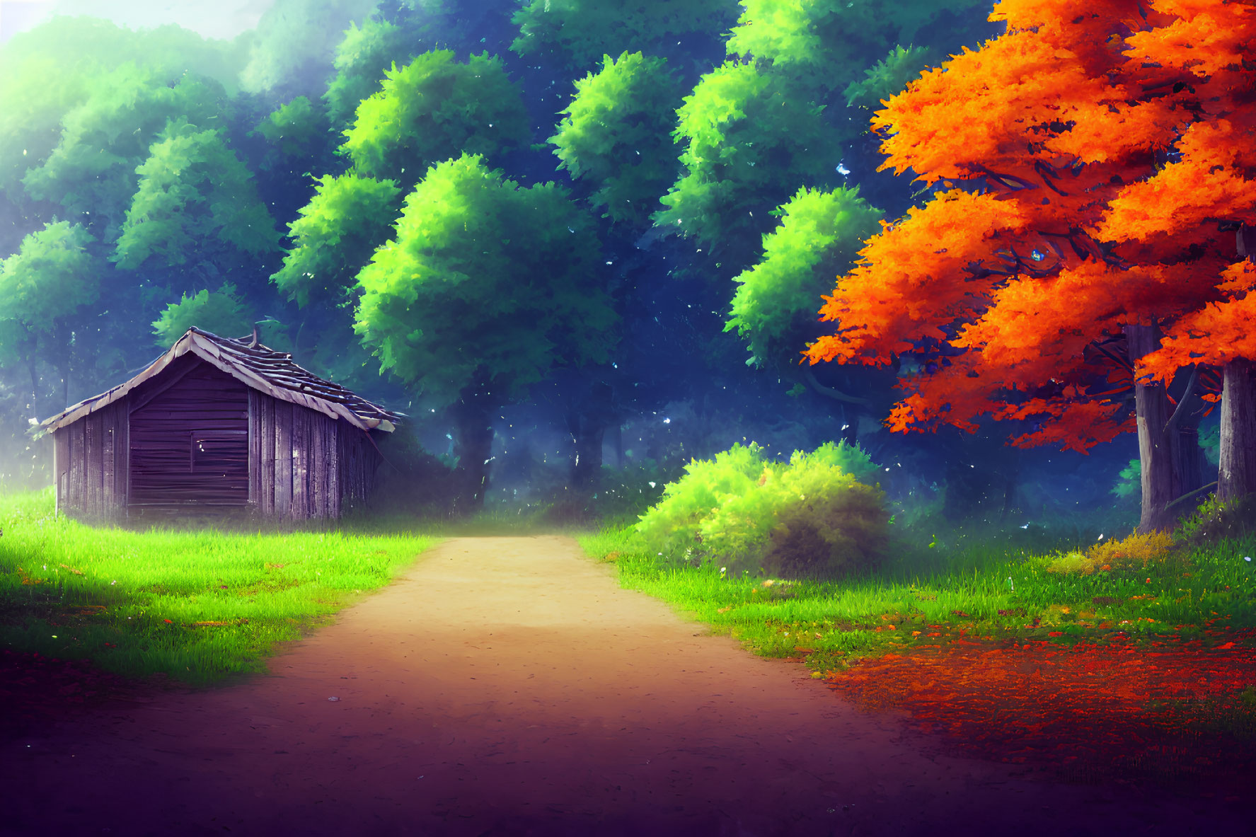 Tranquil forest landscape with cabin, vibrant trees, and misty ambiance