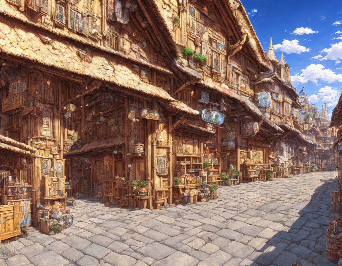 Medieval street with ornate half-timbered buildings and vibrant shop signs