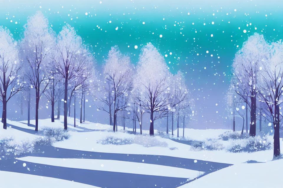 Snow-covered trees and path in serene winter landscape under teal sky