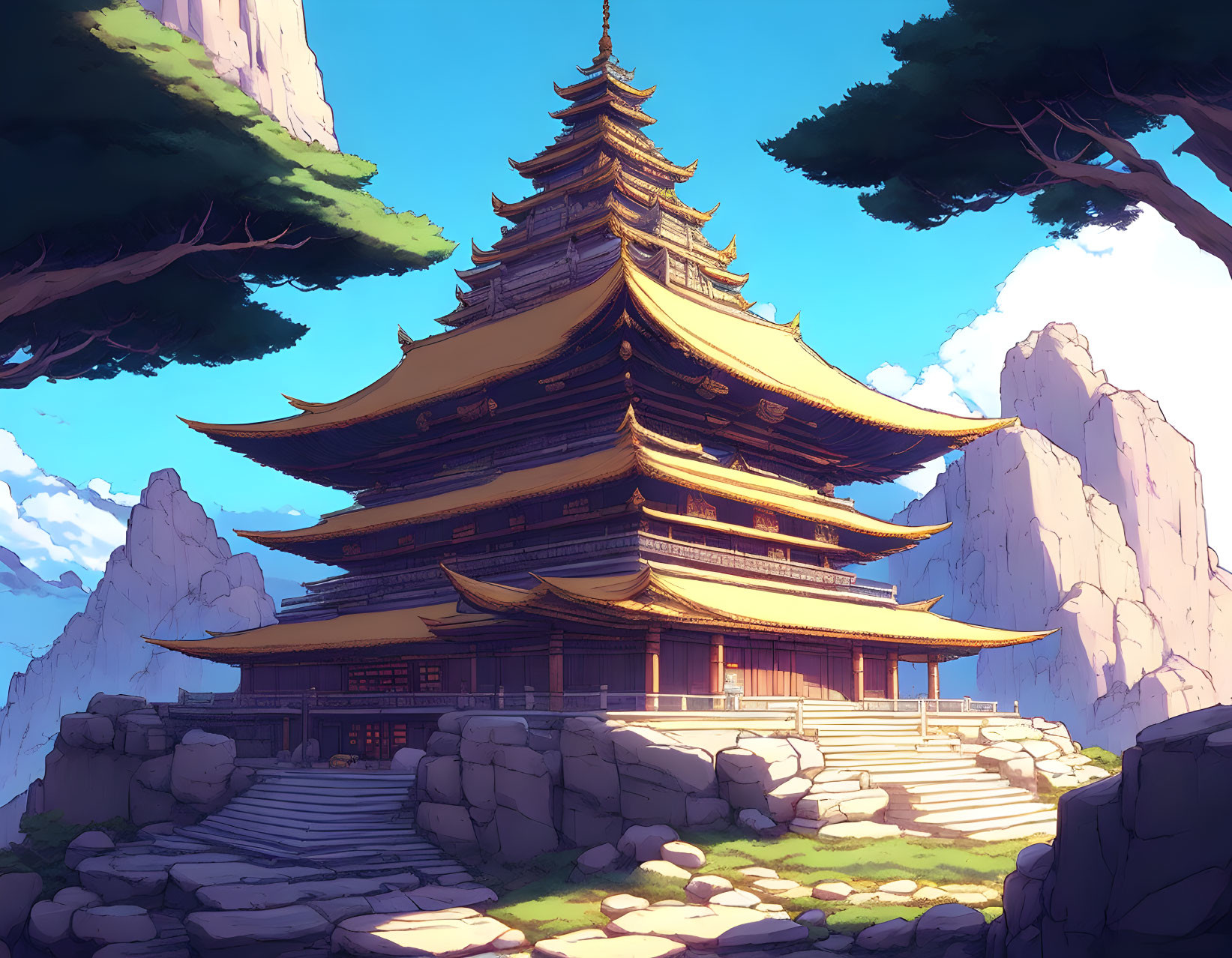 Colorful Pagoda Scene with Rocks and Trees under Blue Sky