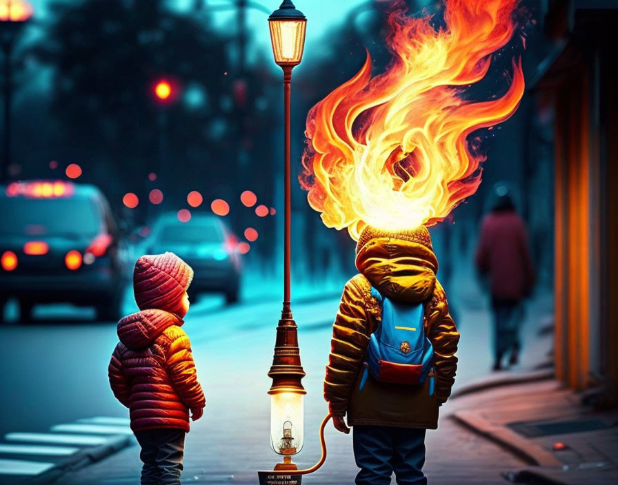 Children by street lamp with one having flaming head in urban setting