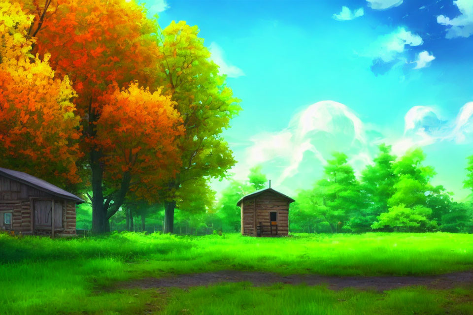 Scenic landscape with green grass, rustic huts, autumn tree, blue sky