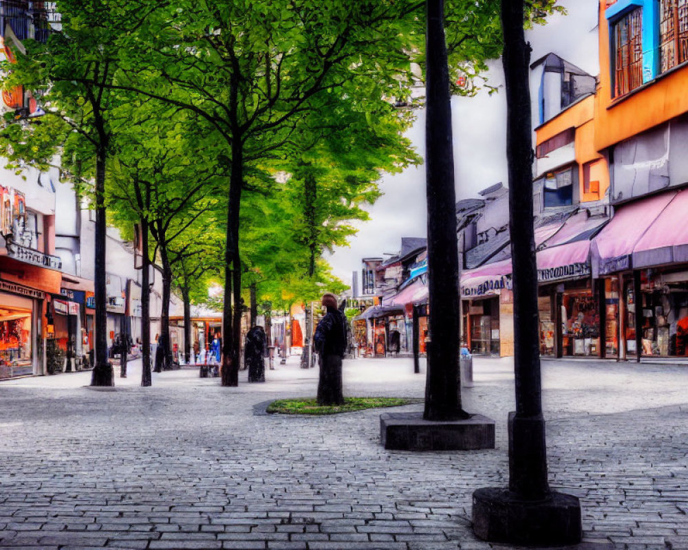 Colorful city street with cobblestone pavement and green trees under cloudy sky