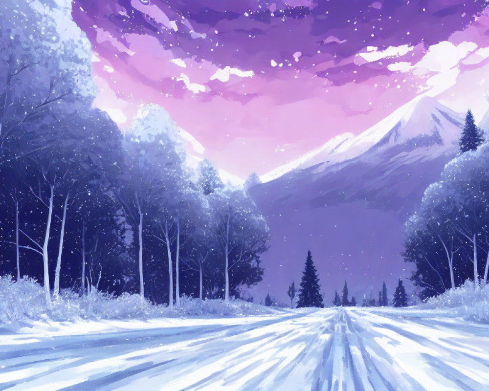 Winter landscape with snow, road, trees, mountain, and pink-purple sky