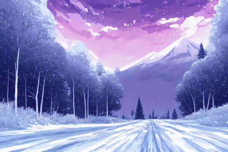 Winter landscape with snow, road, trees, mountain, and pink-purple sky