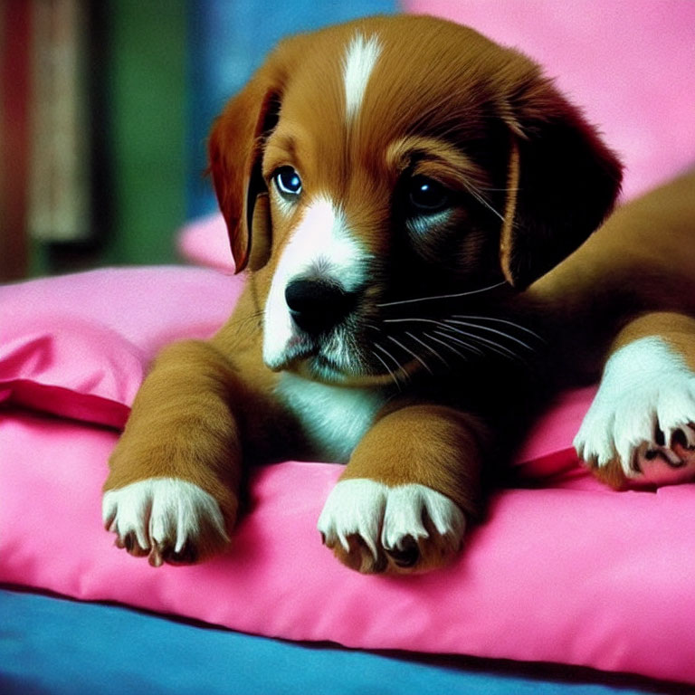 Brown and White Puppy with Blue Eyes on Pink Cushion with Colorful Background