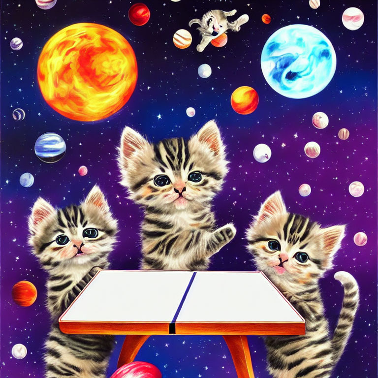 Three kittens on miniature ping-pong table in space with planets and stars