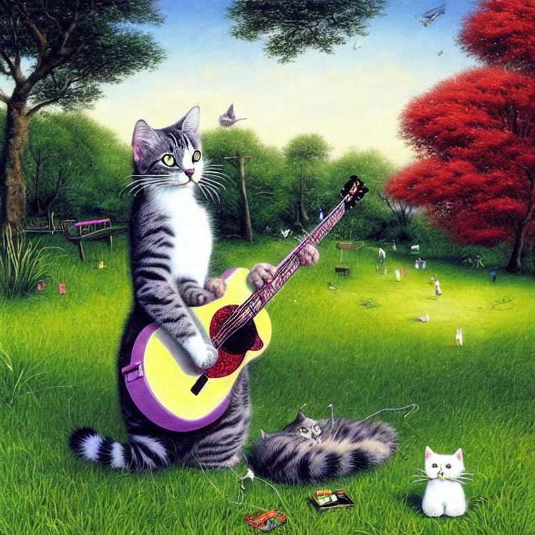 Anthropomorphic Cat Playing Guitar in Vibrant Park