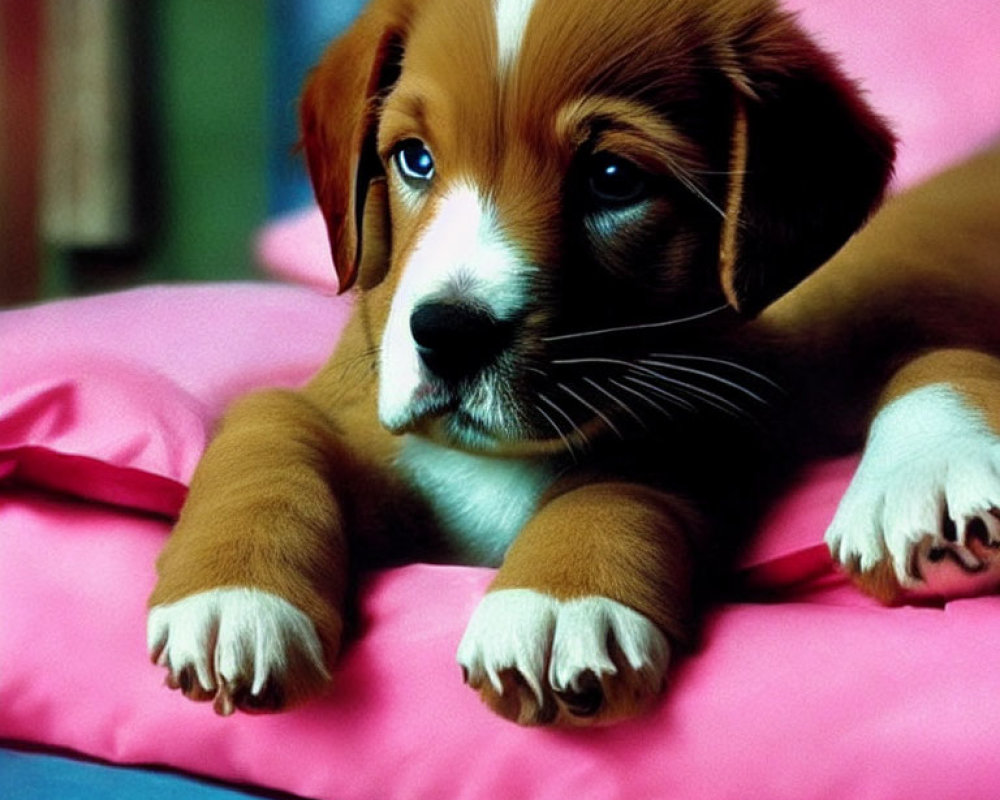 Brown and White Puppy with Blue Eyes on Pink Cushion with Colorful Background