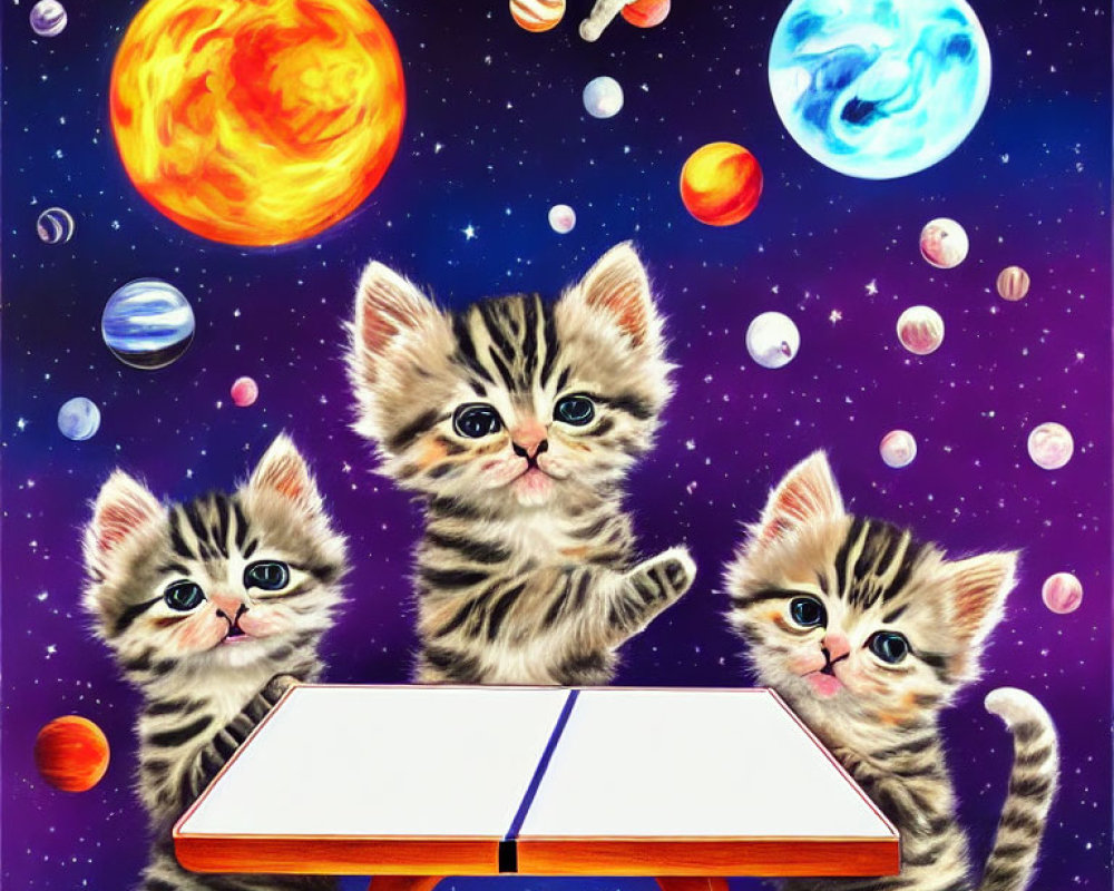 Three kittens on miniature ping-pong table in space with planets and stars