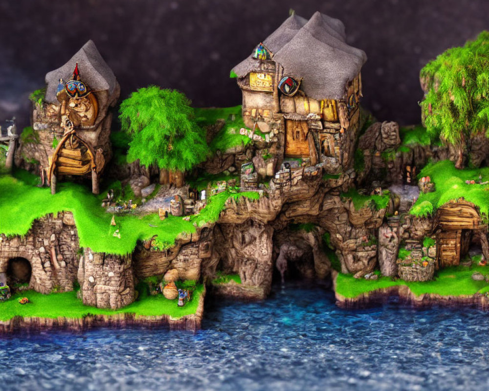 Detailed miniature fantasy village nestled in rocky cliffs above serene blue water.