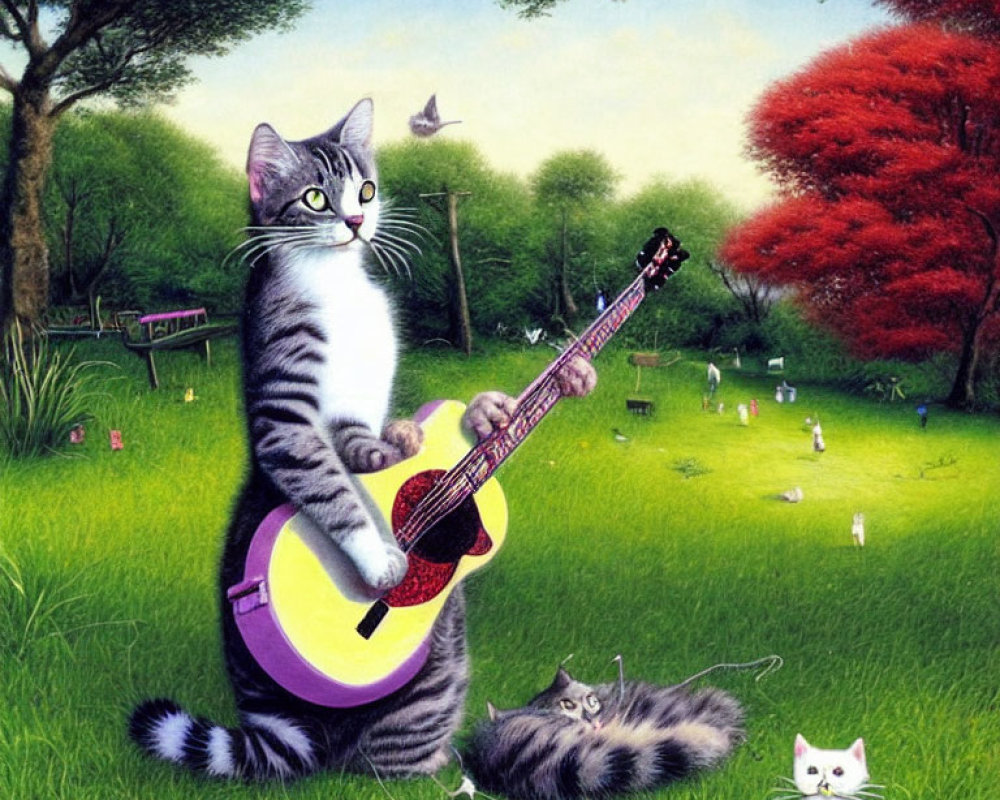 Anthropomorphic Cat Playing Guitar in Vibrant Park