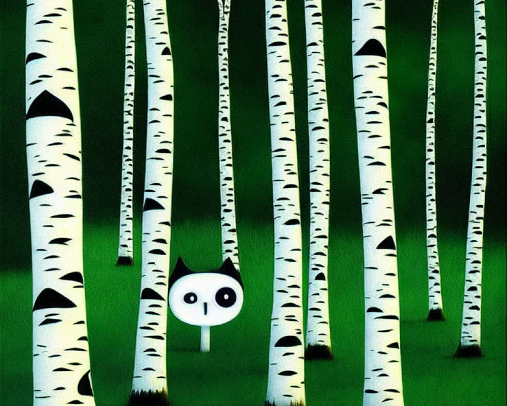 Large-eyed cartoon character in birch tree grove under dark green canopy