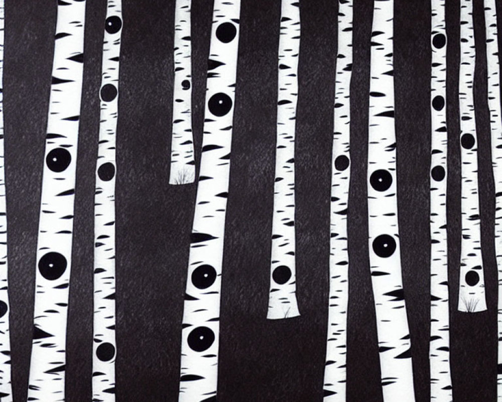 Whimsical forest illustration with birch trees and stylized eyes