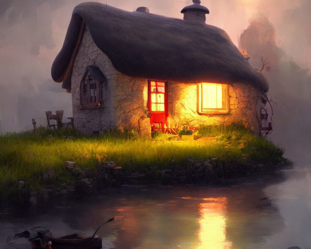 Riverside thatched-roof cottage at dusk with warm light and misty twilight