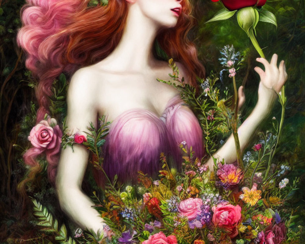 Woman with Red Hair Surrounded by Colorful Flowers and Red Rose