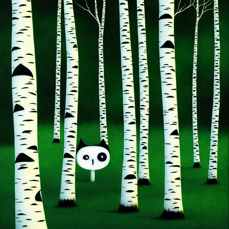 Large-eyed cartoon character in birch tree grove under dark green canopy