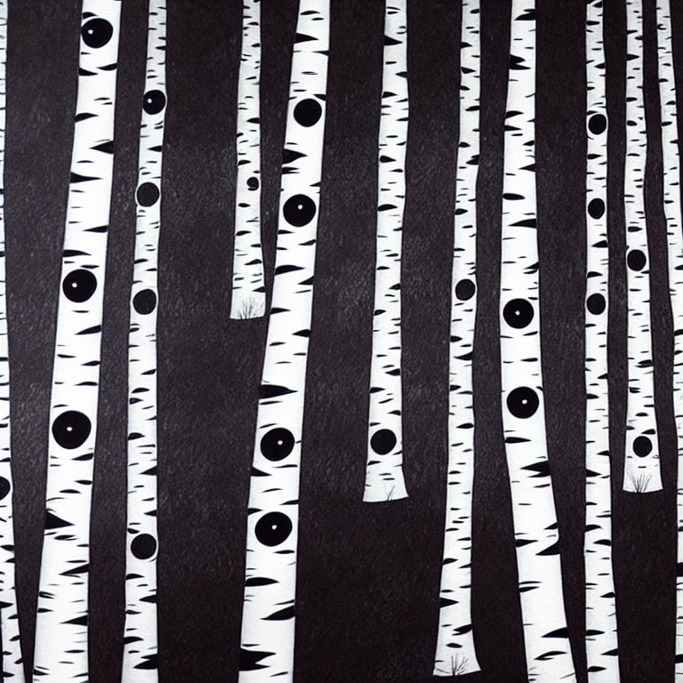 Whimsical forest illustration with birch trees and stylized eyes