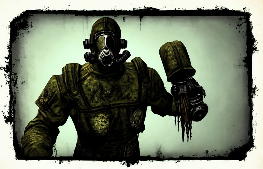 Person in gas mask and hazmat suit with flamethrower on grungy background