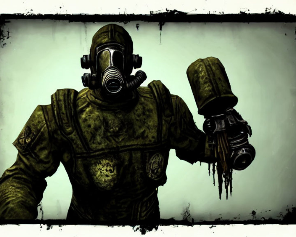 Person in gas mask and hazmat suit with flamethrower on grungy background