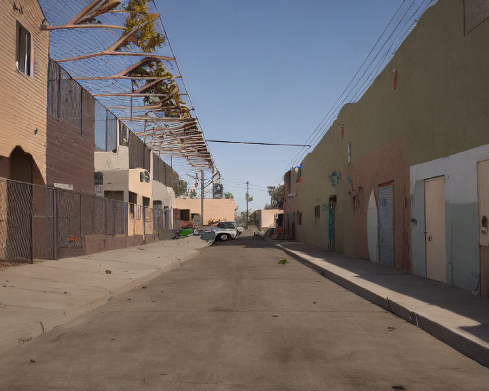 City alleyway with buildings, shadows, and metal structure.