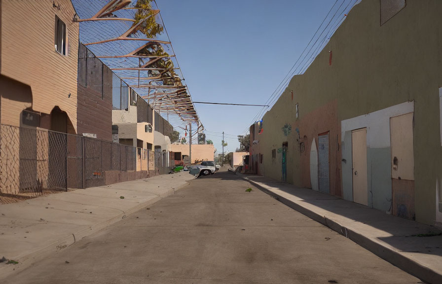 City alleyway with buildings, shadows, and metal structure.