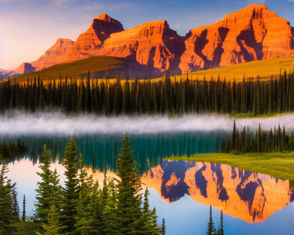 Scenic sunrise over mountain peaks, reflected in serene lake amid misty forest