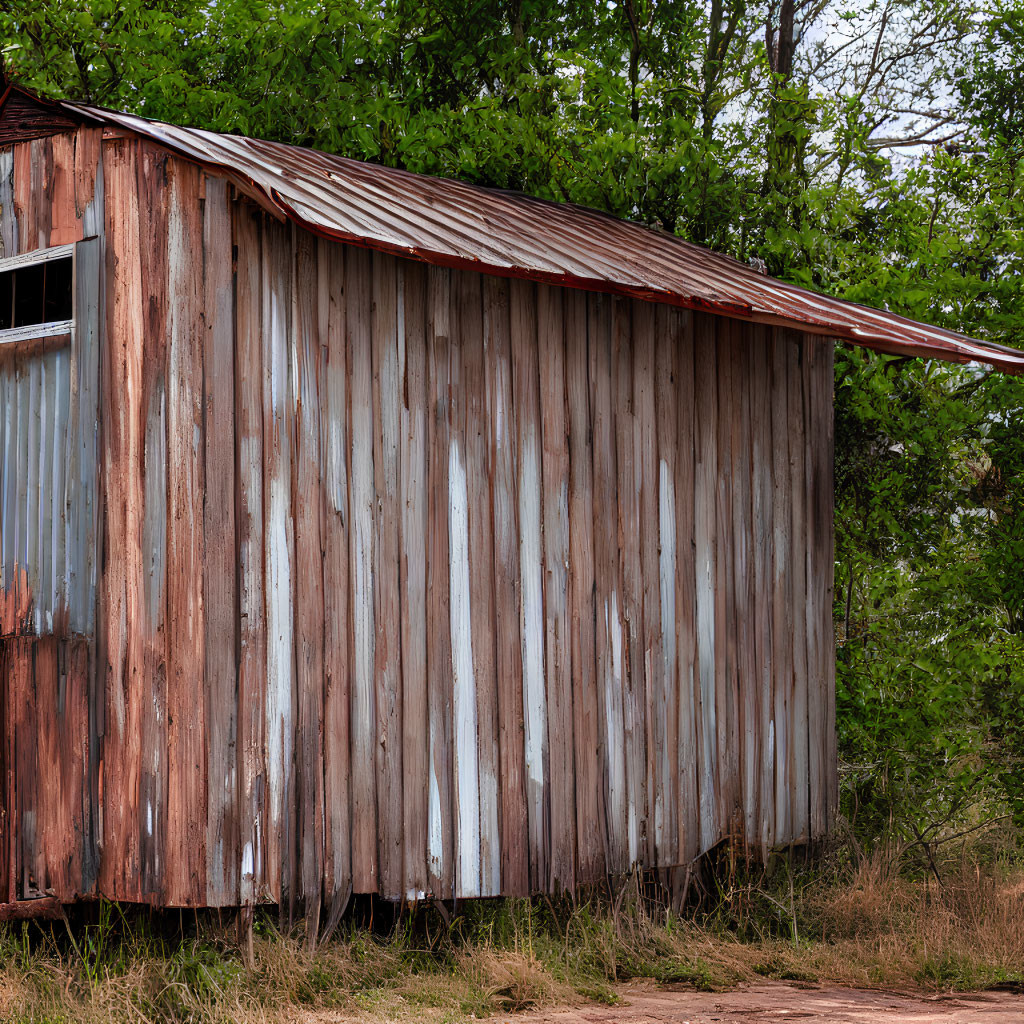 Rustic wooden shed with rusty metal roof in lush surroundings