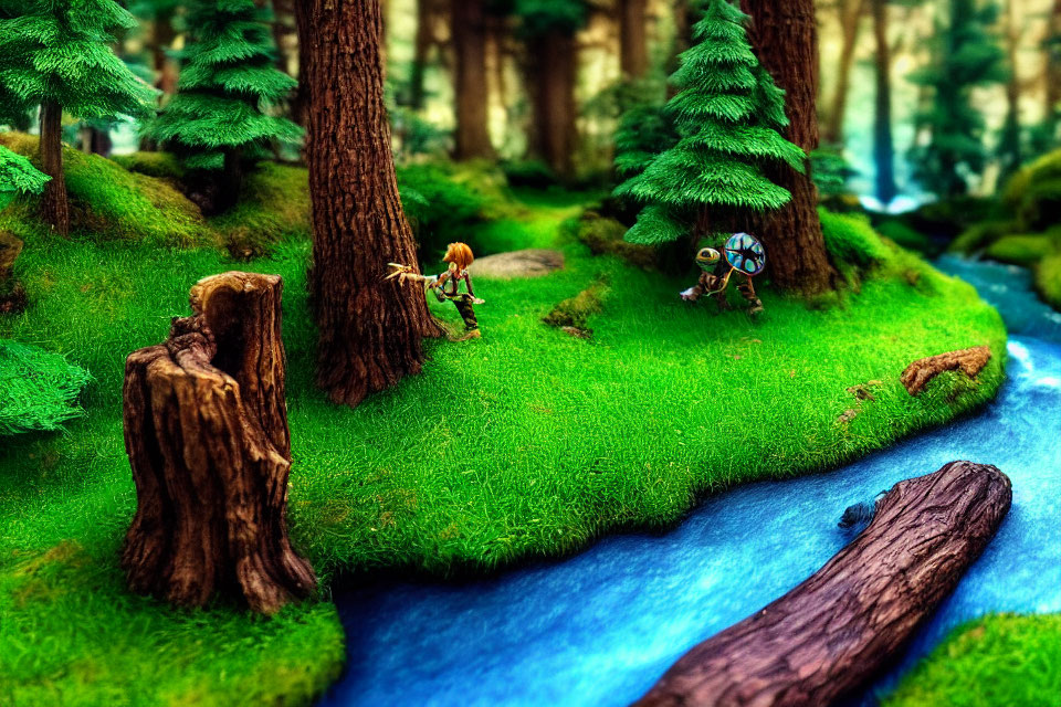 Colorful miniature forest scene with animated warrior figures and lush greenery